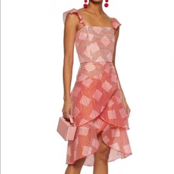 ALICE + OLIVIA Angelita Striped Ruffle Asymmetric Midi Dress - Picture 10 of 15